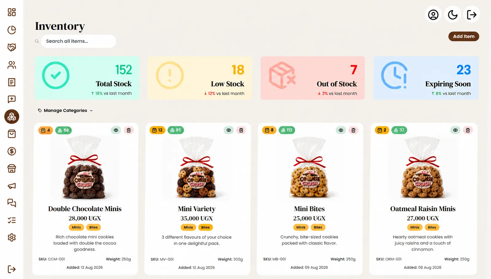 Cookie Crush inventory dashboard with stock levels and low-stock alerts